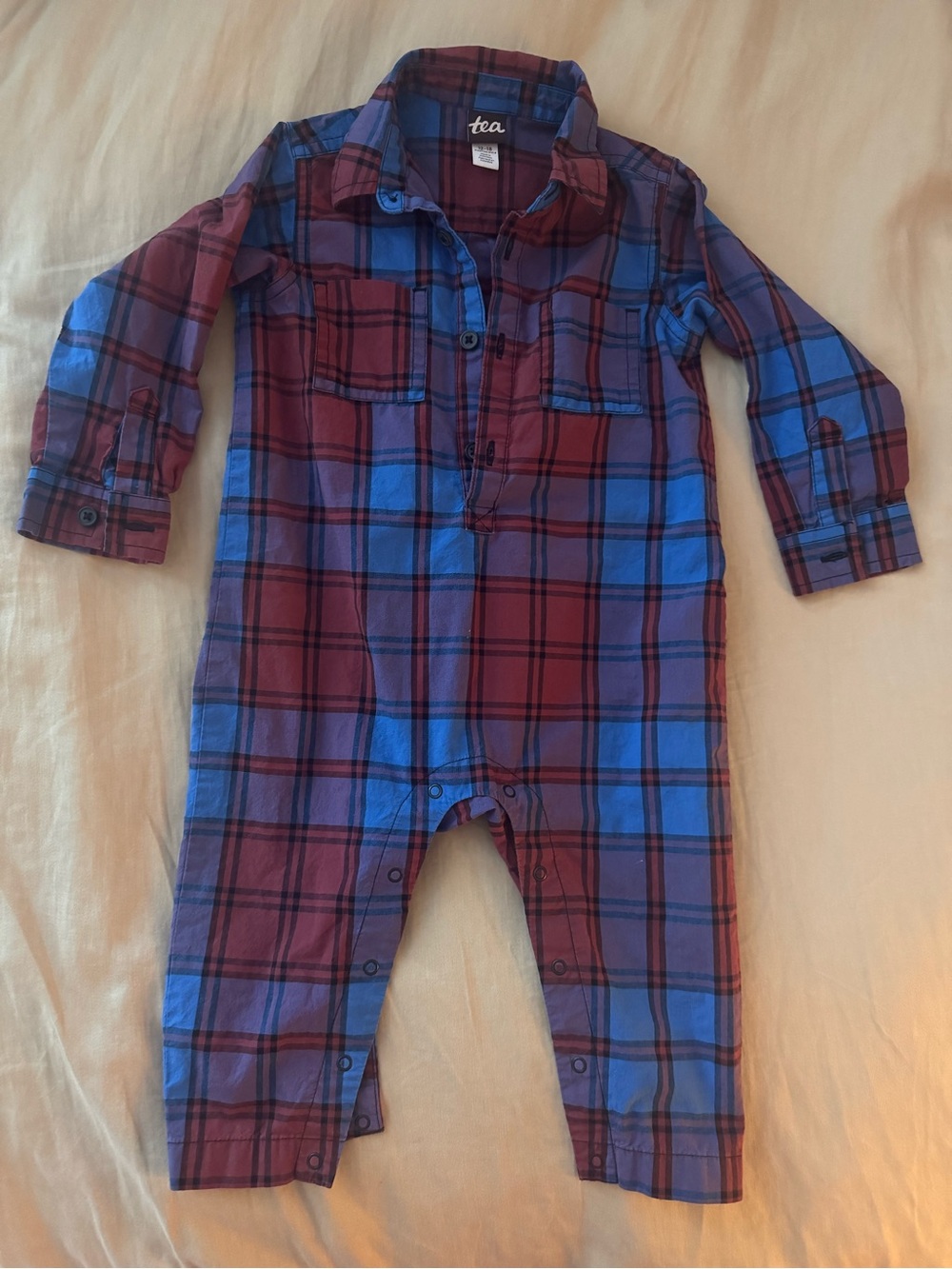 Tea Collection Blue and Maroon Plaid One-Piece Bodysuit, 12-18 months